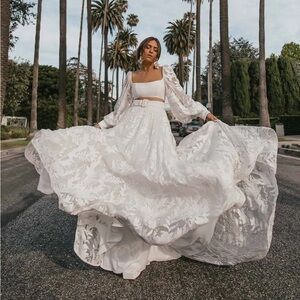 Two piece bridal set wedding dress lace long sleeve A-line